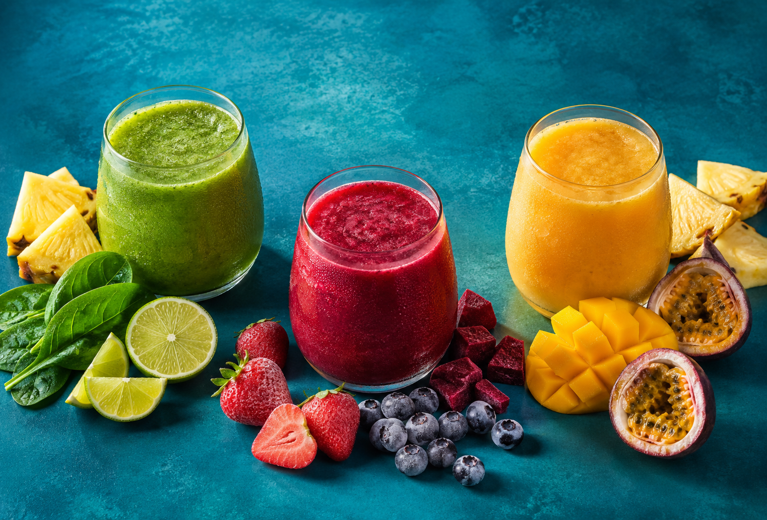 Three colorful smoothies with fresh fruit and greens